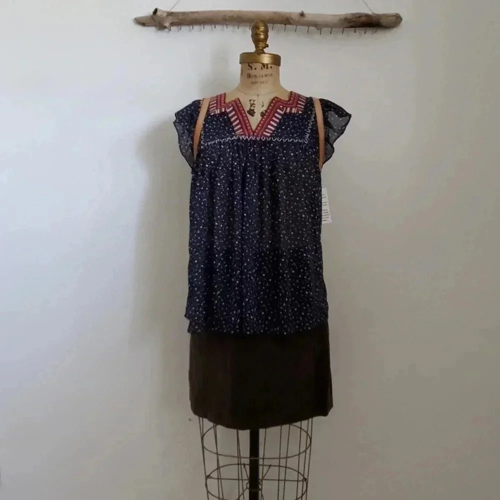 ✨BOGO FREE✨ Blue Brown Bohemian Flutter Sleeves Polka Dot Flowy Sheer Blouse